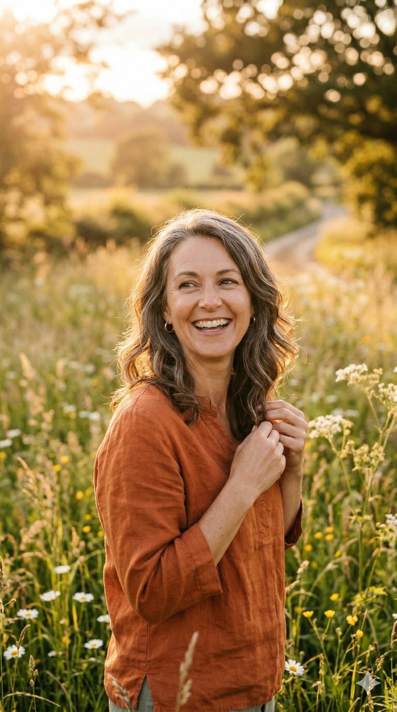A woman in her late 40s laughing outdoors in a wildflower meadow at golden hour